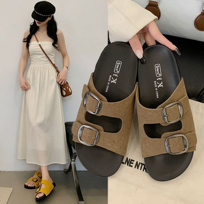13718739.【亚莱芙】现货老钱风复古休闲拖鞋女夏季新款外穿软底一字拖露趾沙滩拖鞋