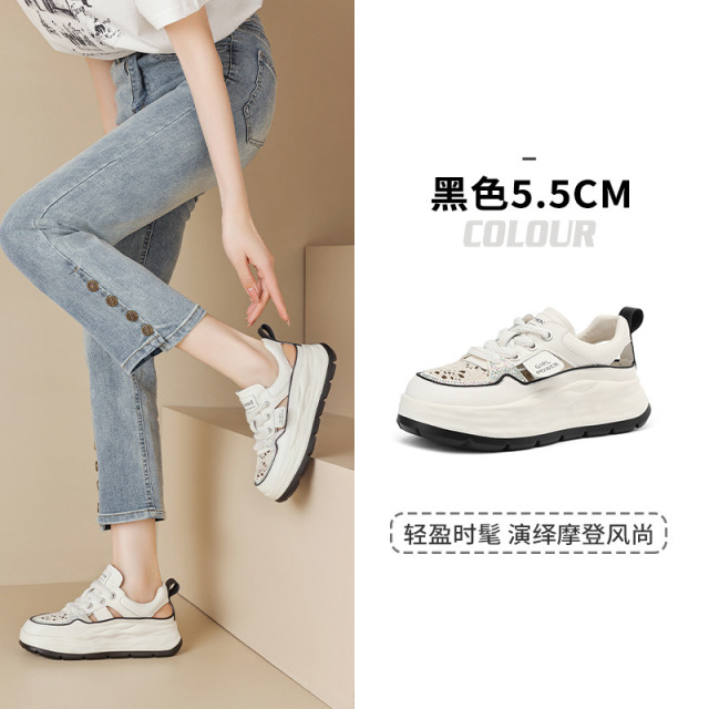 13465413.达芙妮厚底小白鞋女刺绣透气网面春季新小个子增高休闲板鞋女