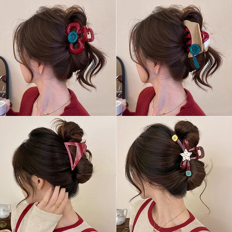 12345323.【3件装】安可拉红纽扣抓夹女盘发鲨鱼夹感后脑勺气质发夹头饰发卡