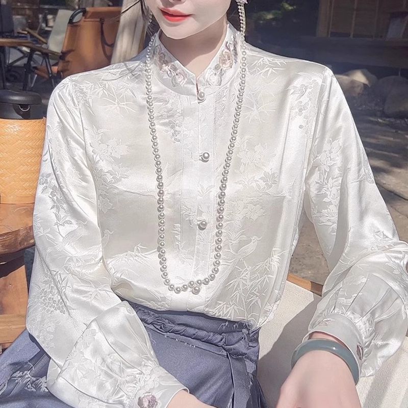 13847288.诗茉琳竹与鸟新中式国风衬衫上衣女2026早春新款刺绣提花衬衣白色