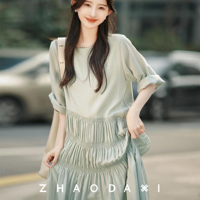 13849239.诗茉琳|爱炸裂2.0连衣裙|圆领蛋糕裙24新款醋酸中长款衬衫连衣裙