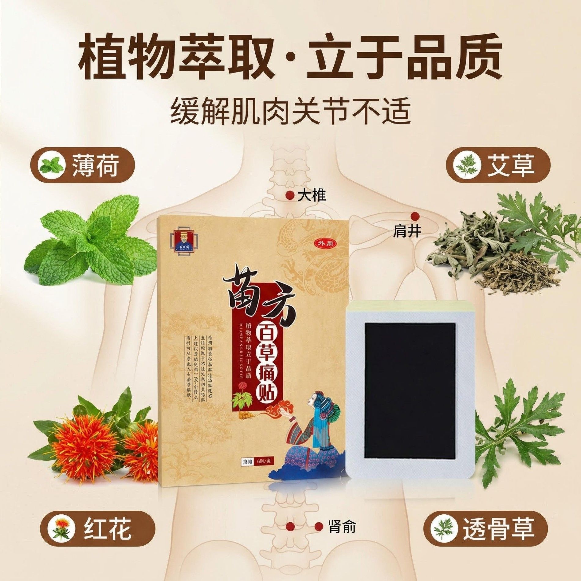 13175206.百年苗方百草痛贴6贴/盒筋骨关节不适保健贴老黑膏艾灸贴