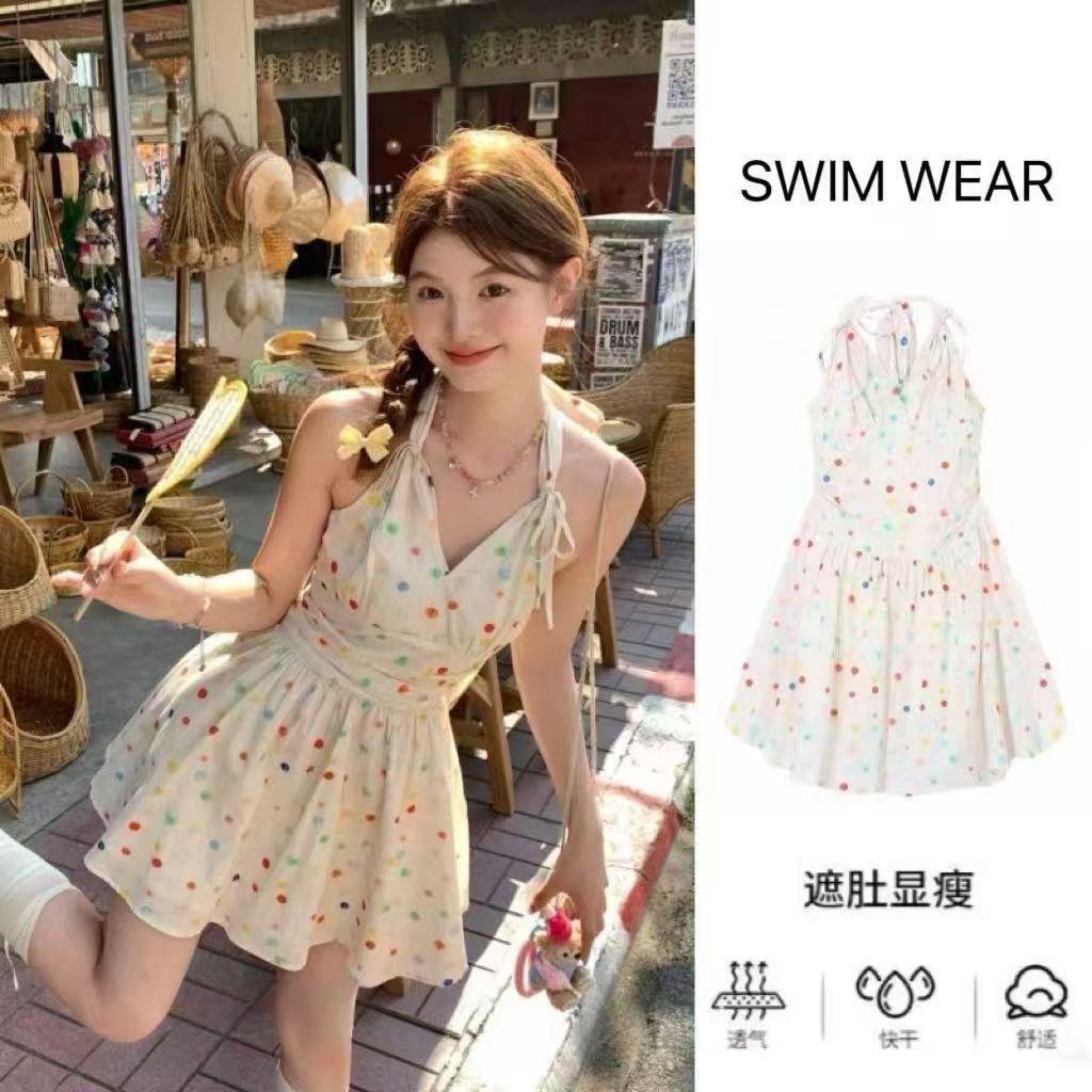 13472207.泳衣女感甜美连体挂脖裙式保守微胖遮肉海边度假温泉泳装