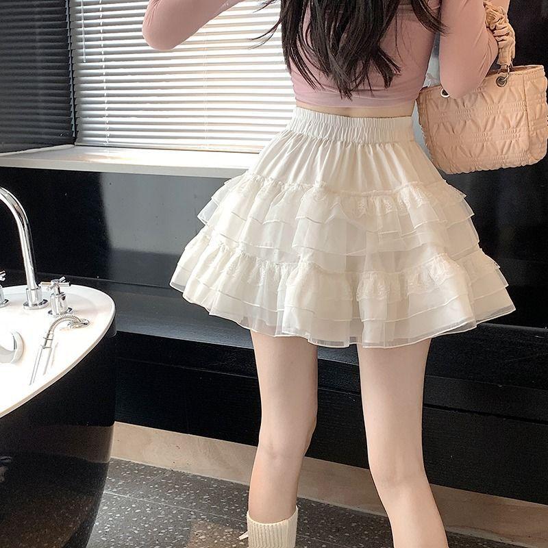12880488.蕾丝蛋糕裙女短裙芭蕾风高腰白色网纱蓬学院风半身裙可爱