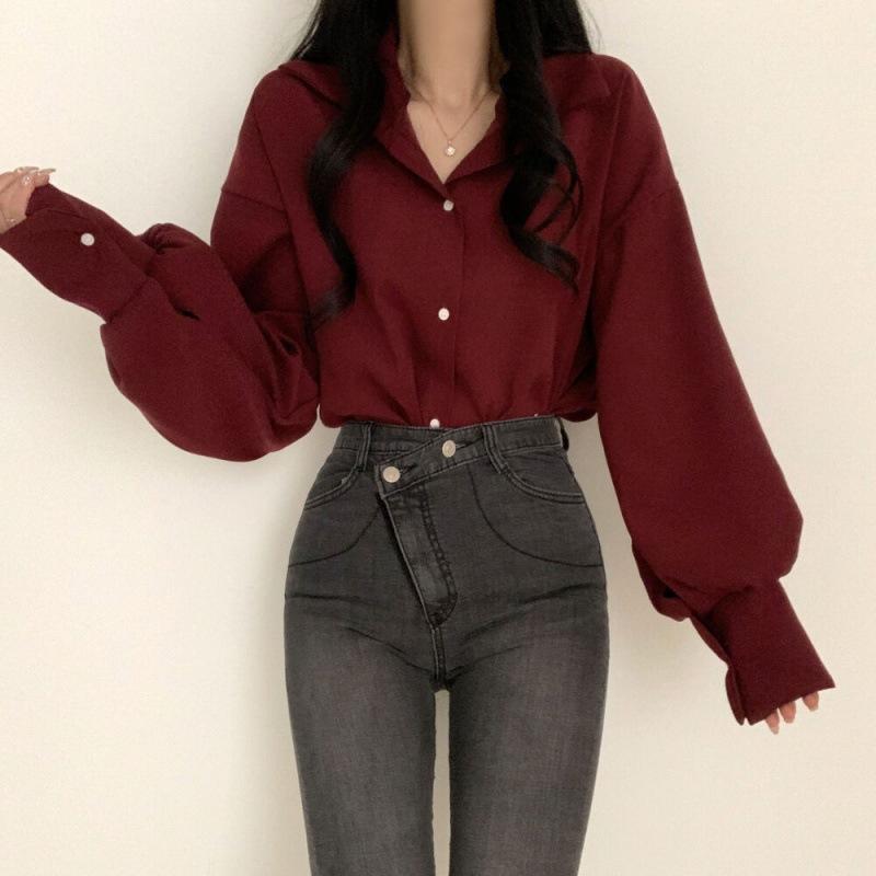 13321805.简约气质翻领纯色单排扣宽松休闲灯笼袖衬衫上衣女