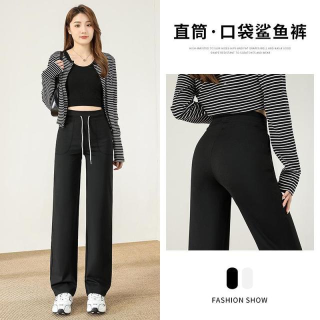 13322066.黑色抽绳直筒运动裤女松弛感小个子高腰宽松显瘦慵懒风阔腿裤