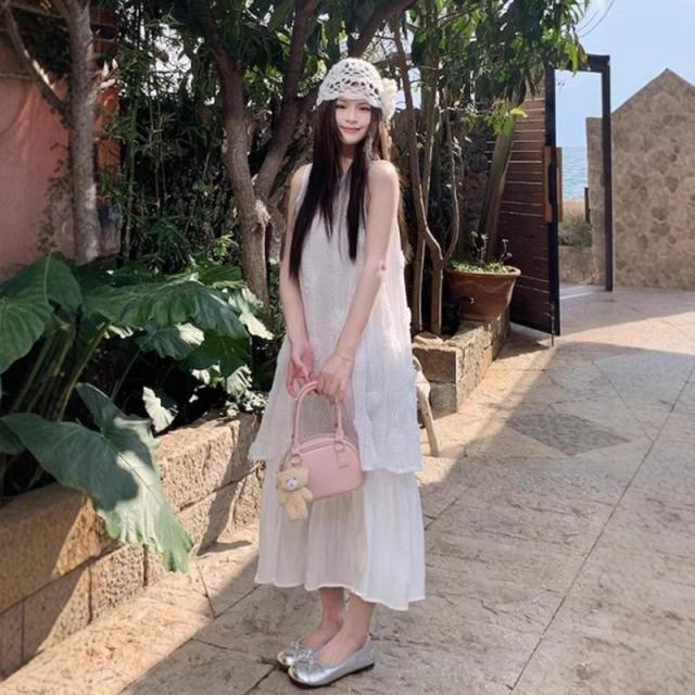 13322148.度假风长裙女夏季甜美立体花朵假两件宽松背心连衣裙