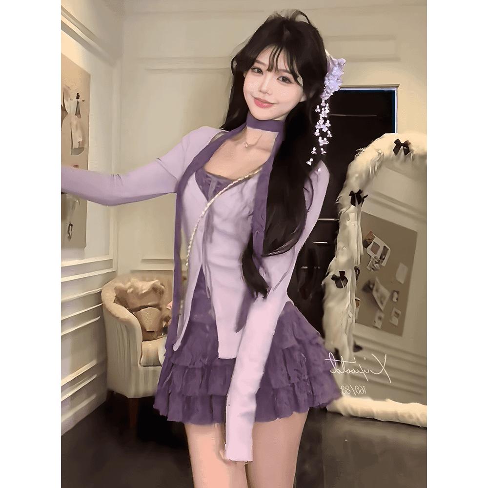 13322317.纯欲风辣妹紫色假两件女气质显瘦短款蛋糕半身裙子套装