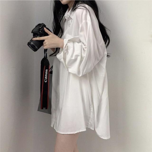 13322425.蓝色长袖防晒衬衫上衣女装中长款韩版薄款宽松衬衣