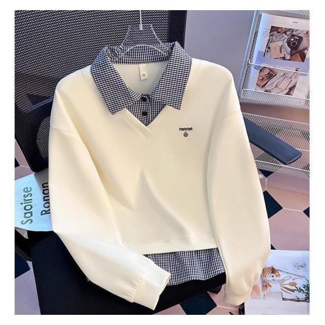 13322467.假两件拼接格子polo翻领衫女设计感宽松无帽Polo衫