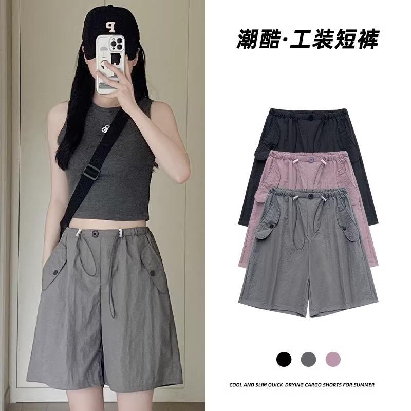 13322281.胖mm灰色工装短裤女夏季薄款大码高腰宽松阔腿美式速干运动五分裤
