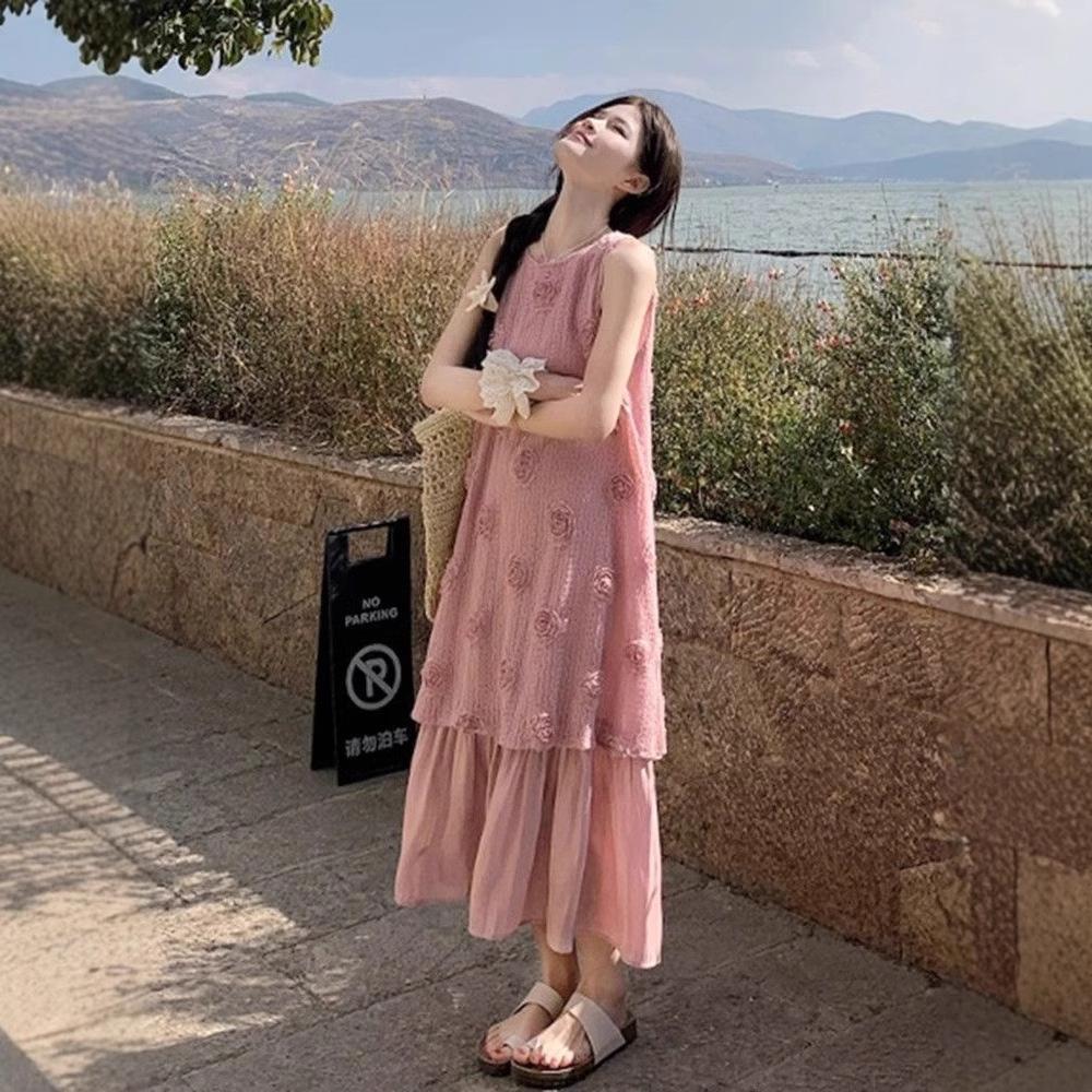 13322148.度假风长裙女夏季甜美立体花朵假两件宽松背心连衣裙