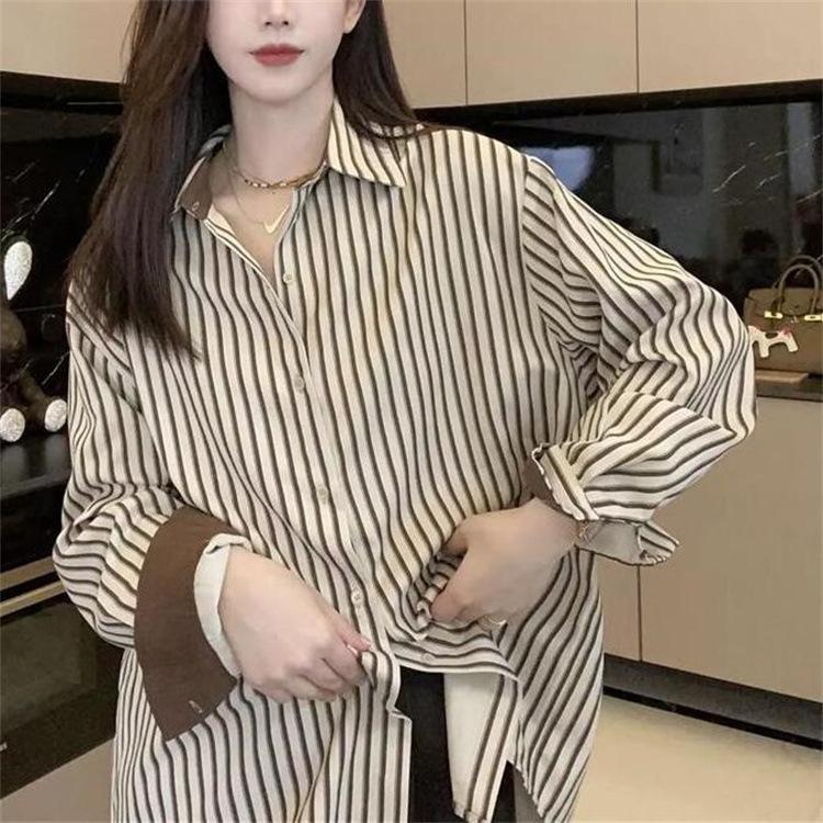 13322192.早春装竖条纹衬衫女长袖设计感小众复古港味叠穿衬衣女