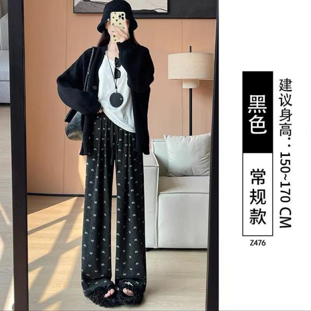 13322095.印花口袋款女温柔风高腰垂感宽松小个子慵懒休闲阔腿裤