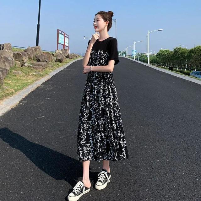 13322290.连衣裙女夏装赫本风中长款碎花裙气质高腰显瘦短袖长裙子