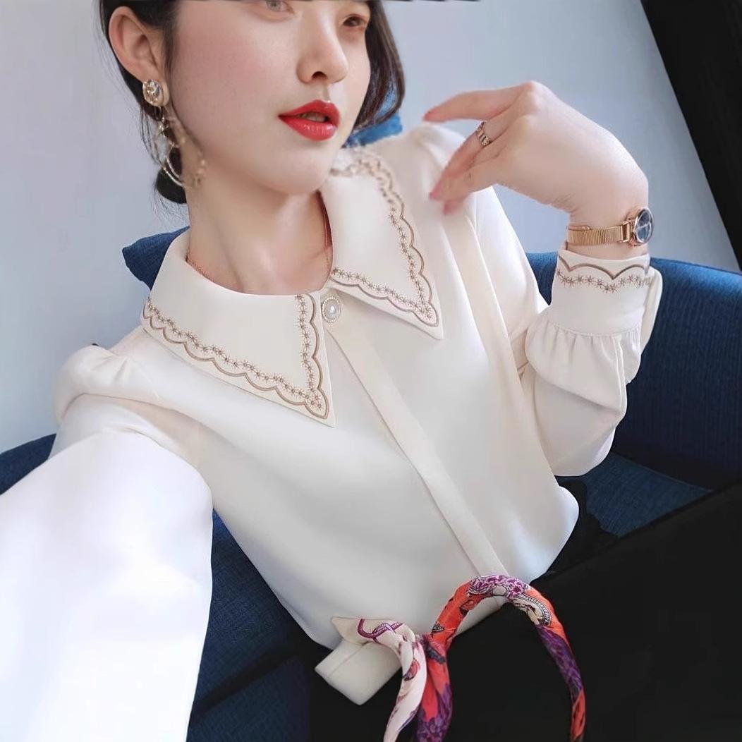 13322324.雪纺衬衫女装长袖刺绣领设计感小众洋气百搭式上衣