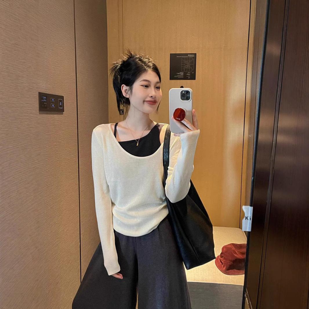 13321814.大码女装打底衫女穿搭慵懒风显瘦假两件拼接撞色小众设计感上衣女