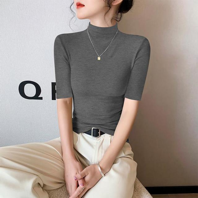 13321868.莫代尔黑色半高领短袖t恤女春夏冰丝中领半袖打底衫紧身上衣
