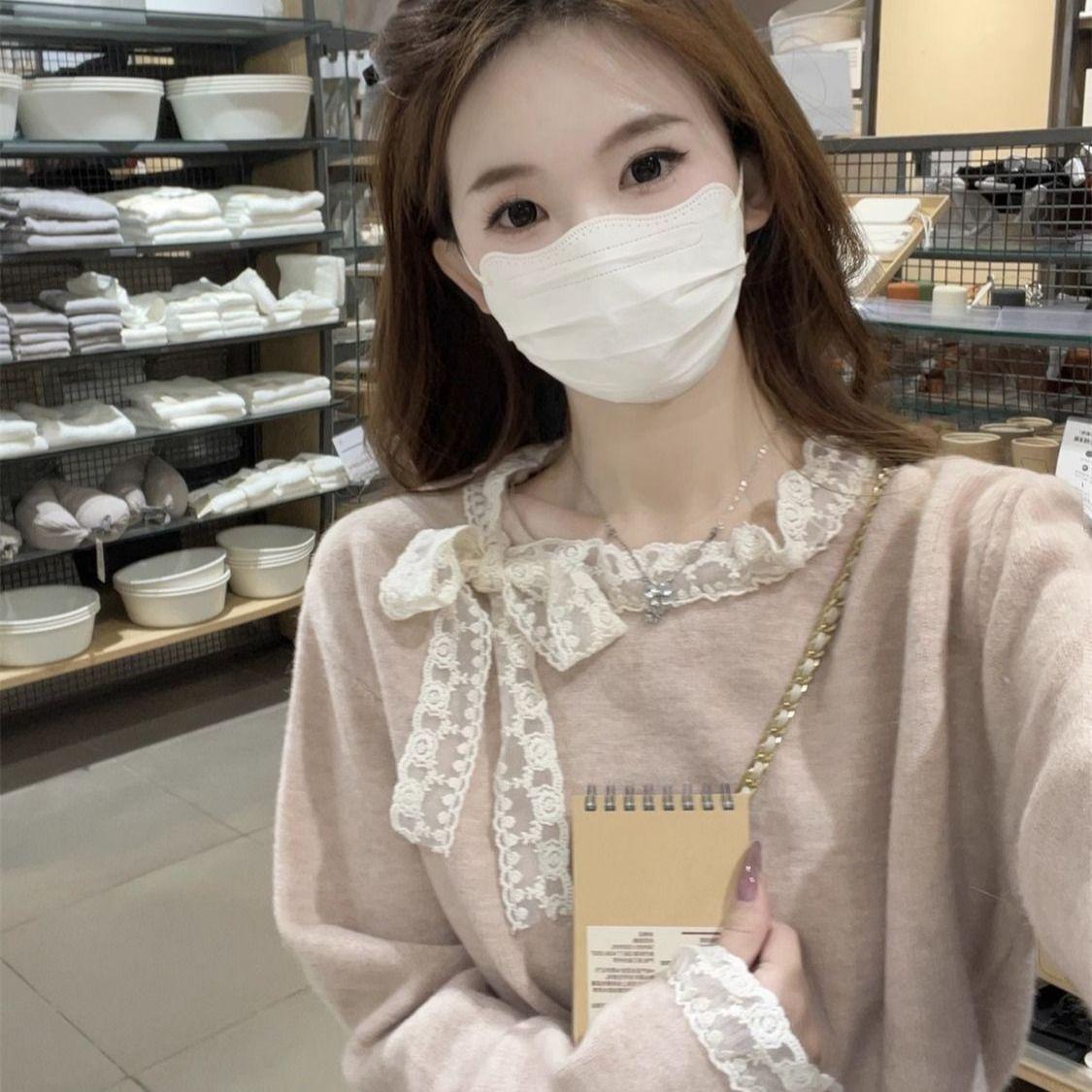13321883.甜美蕾丝蝴蝶结打底衫女春季温柔韩系修身显瘦内搭长袖上衣