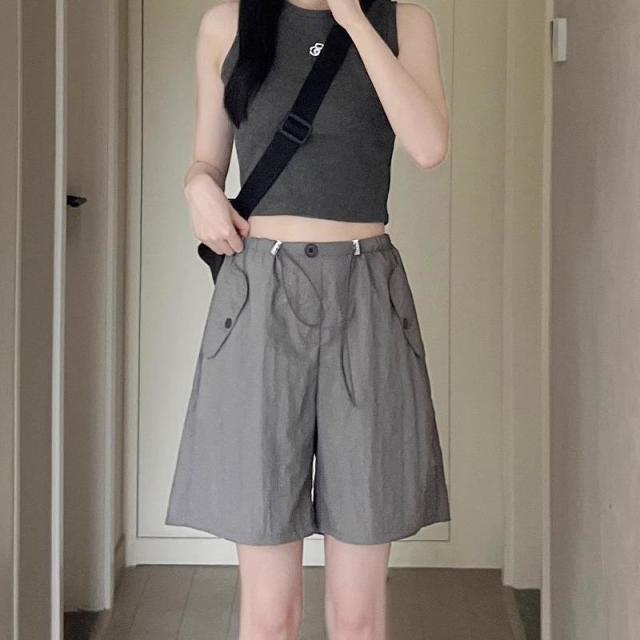 13322281.胖mm灰色工装短裤女夏季薄款大码高腰宽松阔腿美式速干运动五分裤