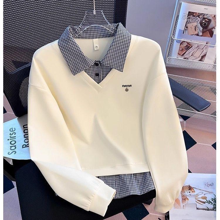13322467.假两件拼接格子polo翻领衫女设计感宽松无帽Polo衫