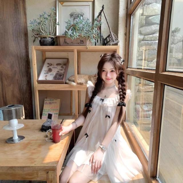 13322181.薄纱公主娃娃裙小个子连衣裙法式甜美蝴蝶结飞飞袖设计感