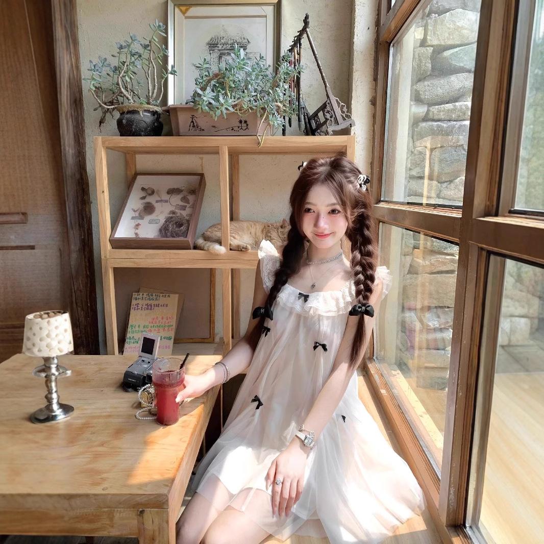 13322181.薄纱公主娃娃裙小个子连衣裙法式甜美蝴蝶结飞飞袖设计感