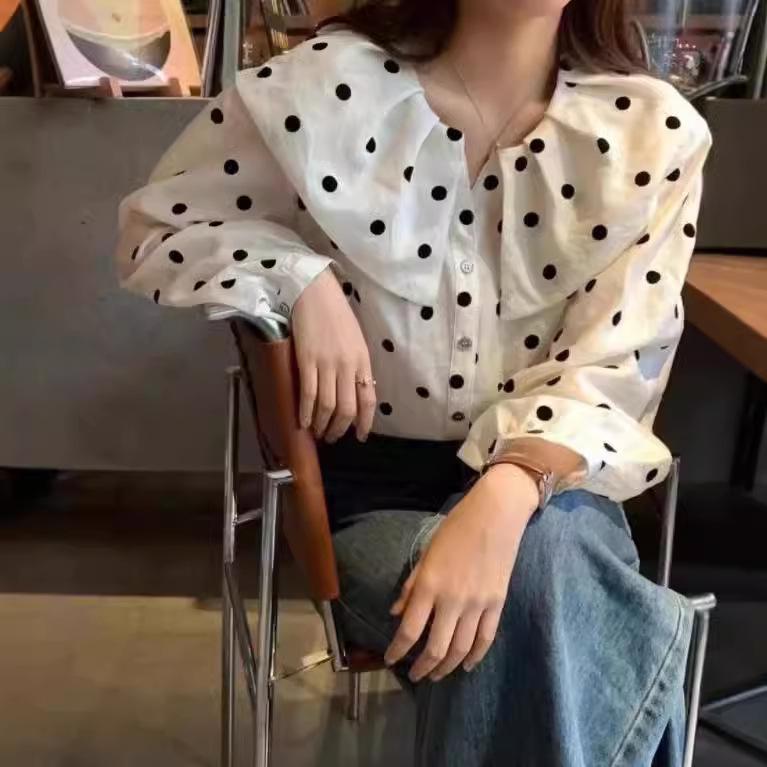 13321847.娃娃领长袖衬衫女韩系甜美波点单排扣休闲衬衣