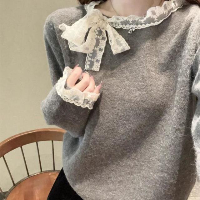 13321883.甜美蕾丝蝴蝶结打底衫女春季温柔韩系修身显瘦内搭长袖上衣