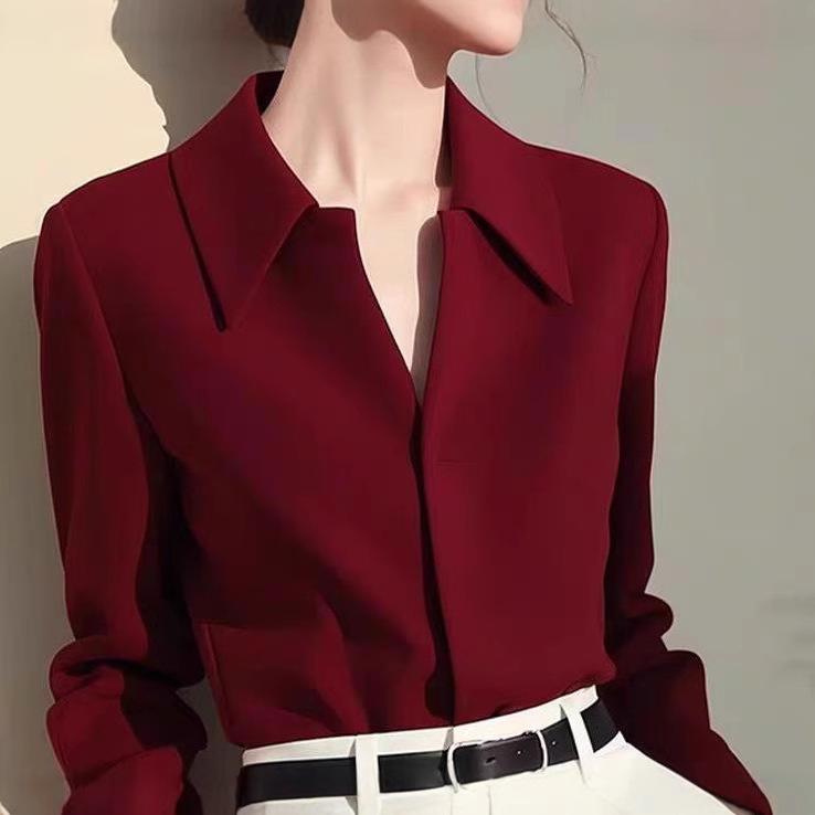 13322206.时尚复古翻领长袖衬衫女春遮肉衬衣女式衬衫