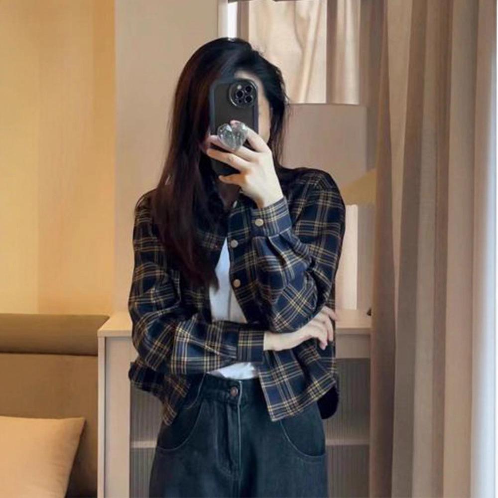 13322378.复古格子衬衫女短款长袖上衣衬衣时尚女式衬衫