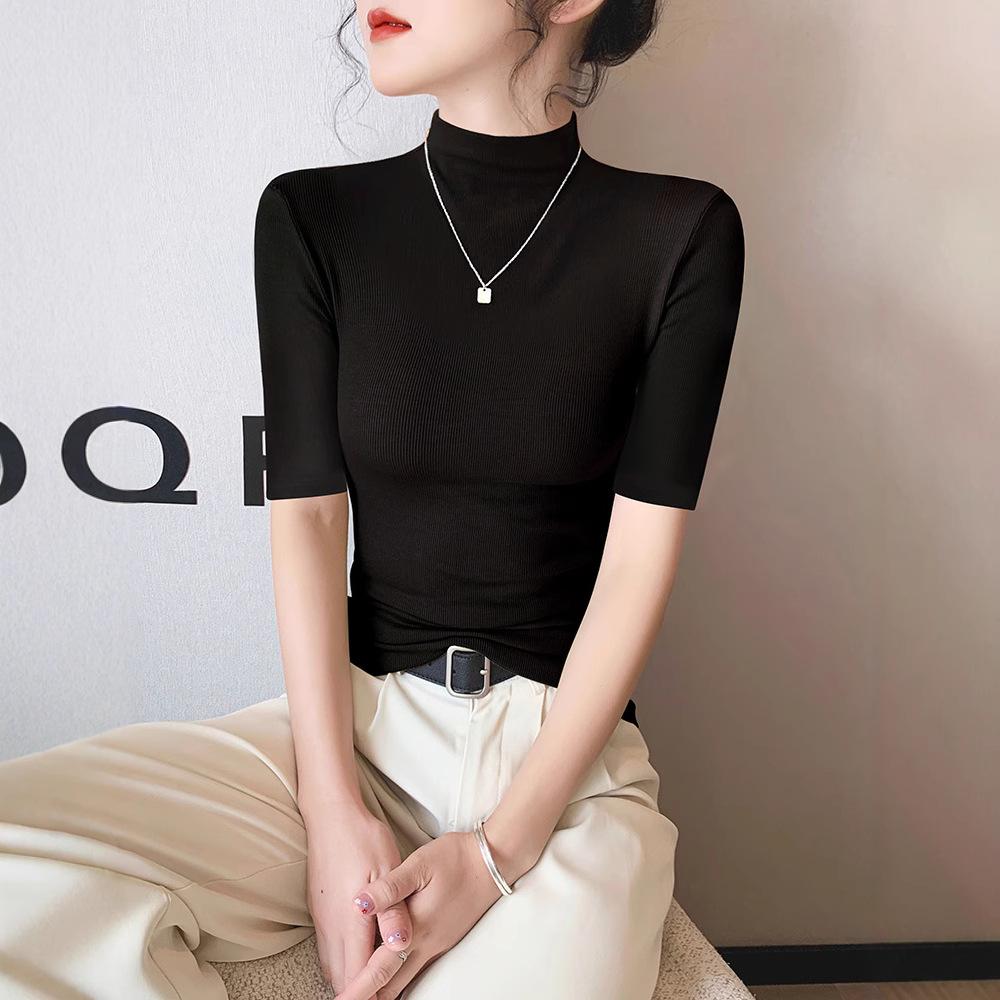 13321868.莫代尔黑色半高领短袖t恤女春夏冰丝中领半袖打底衫紧身上衣