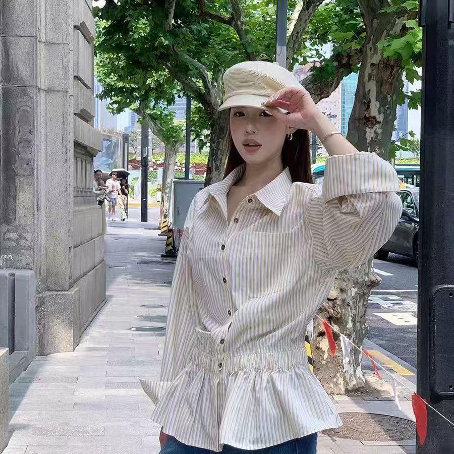 13322365.条纹衬衫子女夏韩系感小个子收腰显瘦衬衣