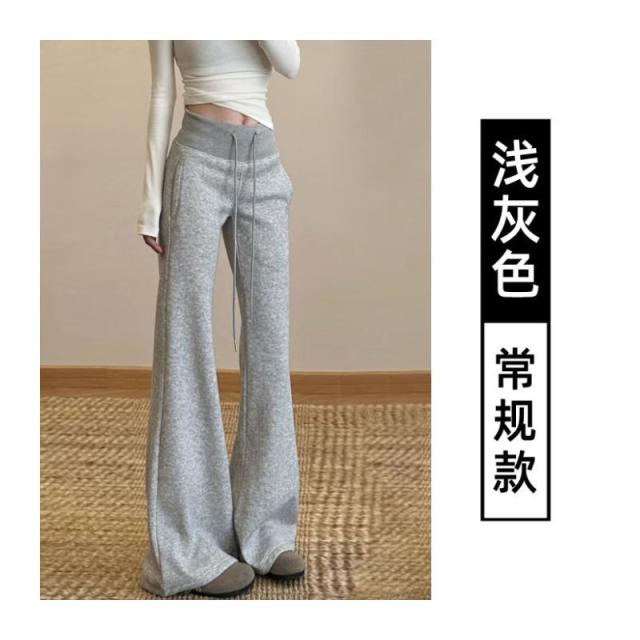 13322105.黑色美式微喇运动裤女高腰修身显瘦垂感马蹄喇叭卫裤
