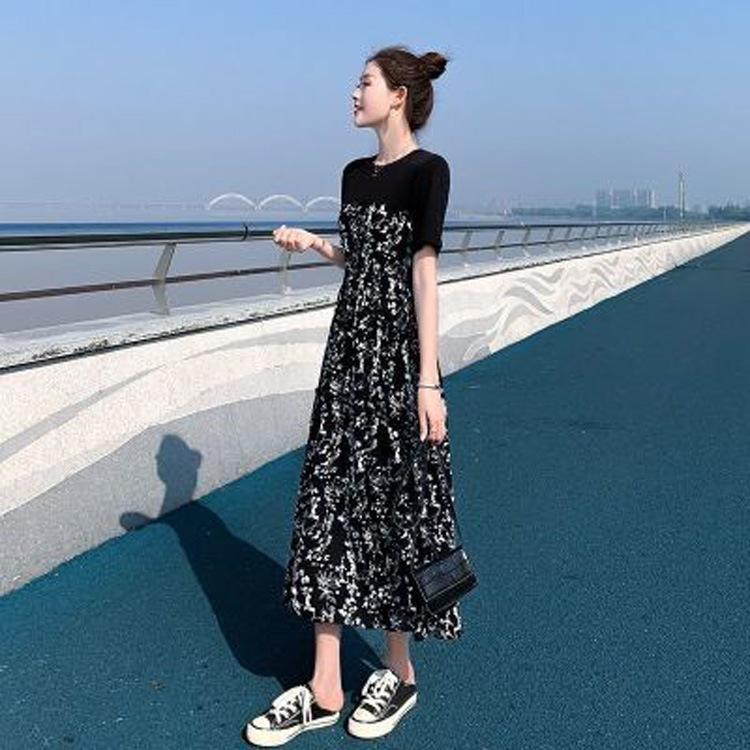 13322290.连衣裙女夏装赫本风中长款碎花裙气质高腰显瘦短袖长裙子