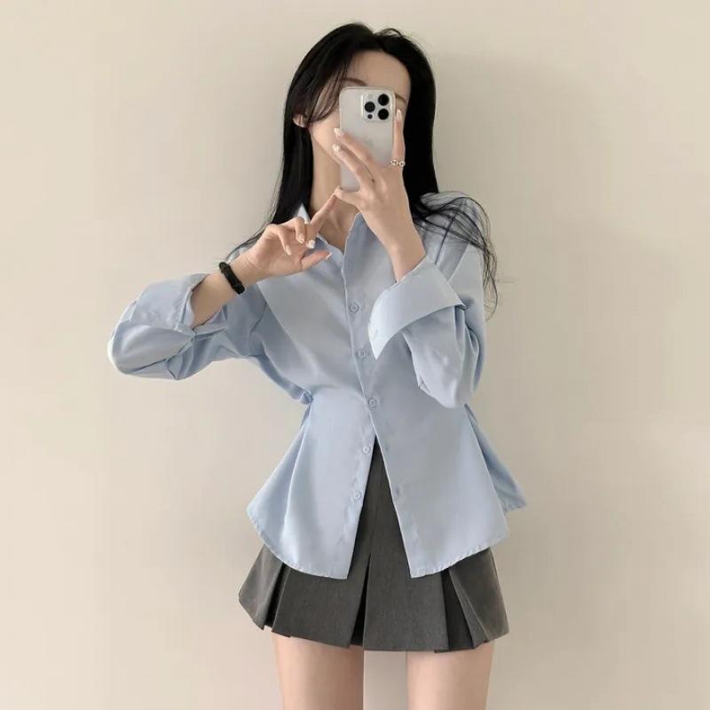 13321819.简约纯色时尚设计感侧缝系扣收腰显瘦长袖衬衫上衣女