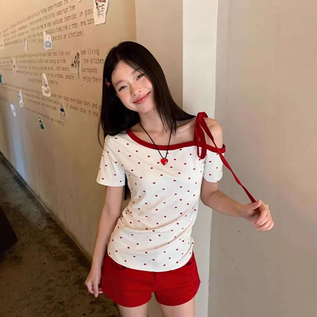 13321838.白色斜肩短袖T恤女夏季绑带设计修身甜辣韩版露肩上衣