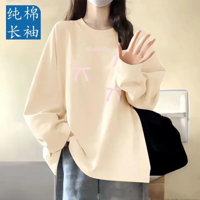 13322009.纯棉长袖t恤女春秋韩版宽松圆领打底衫外穿上衣男