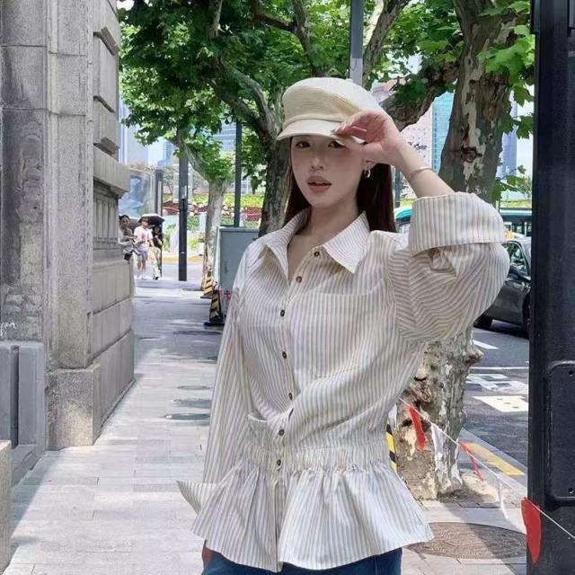 13322365.条纹衬衫子女夏韩系感小个子收腰显瘦衬衣