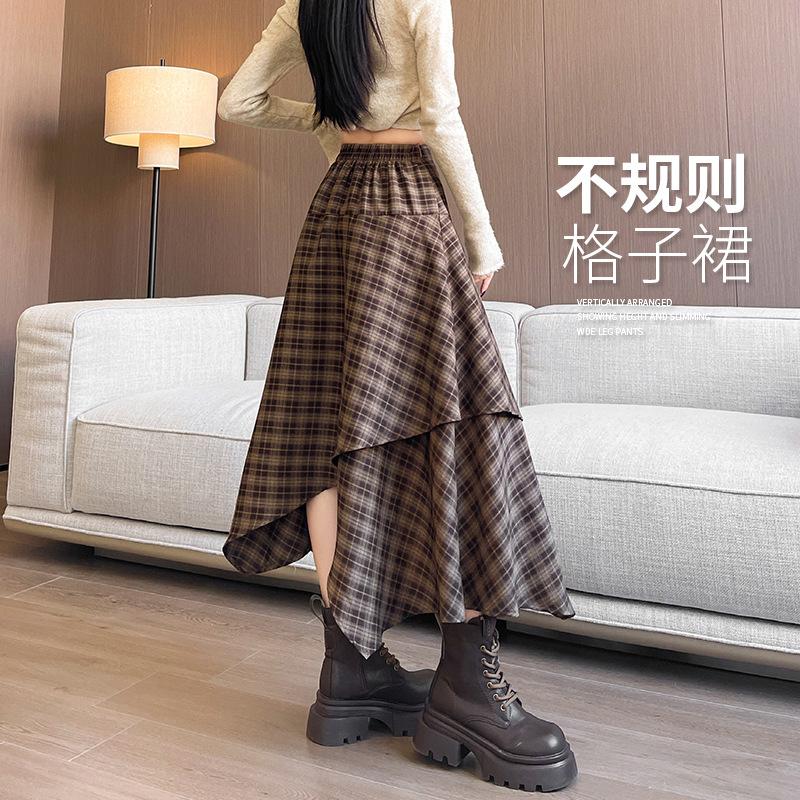 13322208.不规则半身裙女格子高腰显瘦a字复古风显瘦百褶半截裙