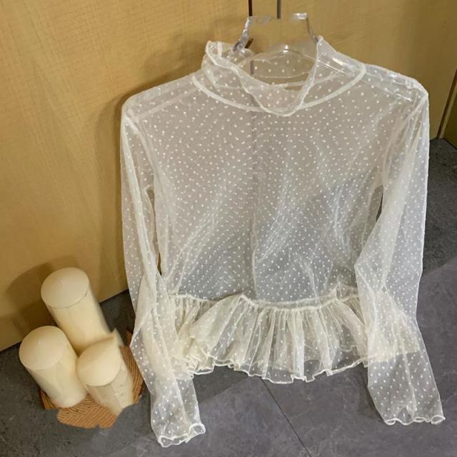 13322373.韩系高领波点长袖T恤蕾丝女小众荷叶边叠穿透视上衣