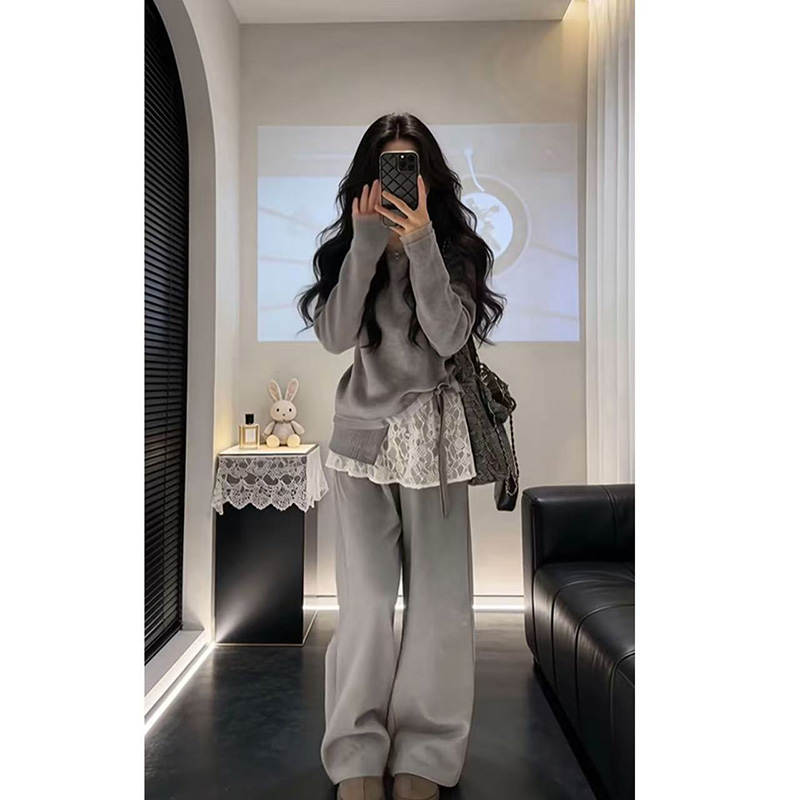 13322588.慵懒松弛宽松设计感百搭上衣假两件拼接蕾丝高腰休闲阔腿裤两件套