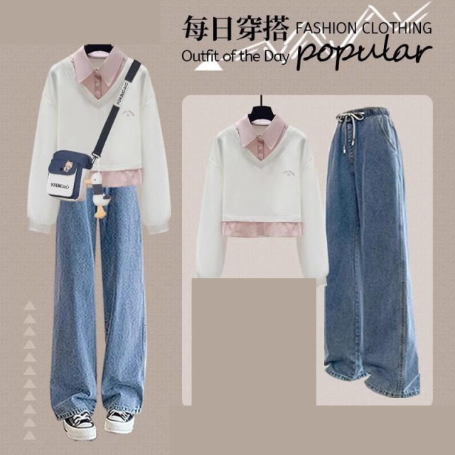 13322647.甜美洋气假两件上衣春少女初中高中时尚女孩套装
