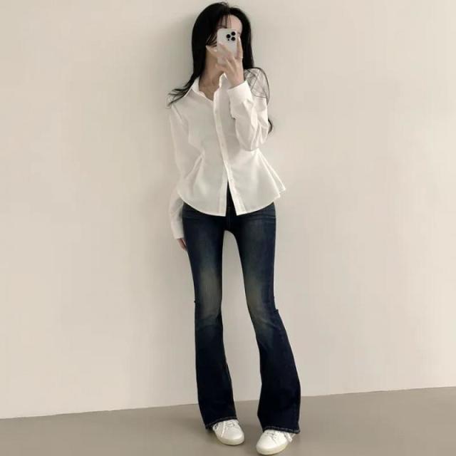13321819.简约纯色时尚设计感侧缝系扣收腰显瘦长袖衬衫上衣女