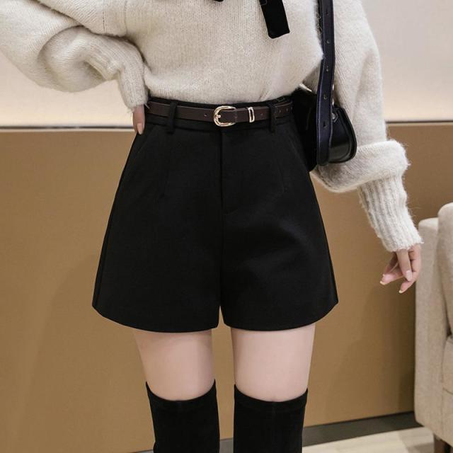 12890224.阔腿裤女秋冬款黑色毛呢短裤高腰百搭显瘦小个子靴裤潮