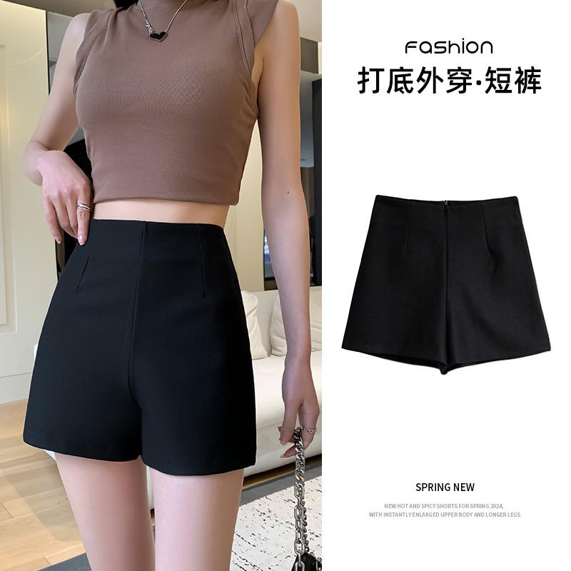 12890600.黑色运动休闲高腰热裤女秋冬外穿加绒加厚显瘦辣妹西装三分裤