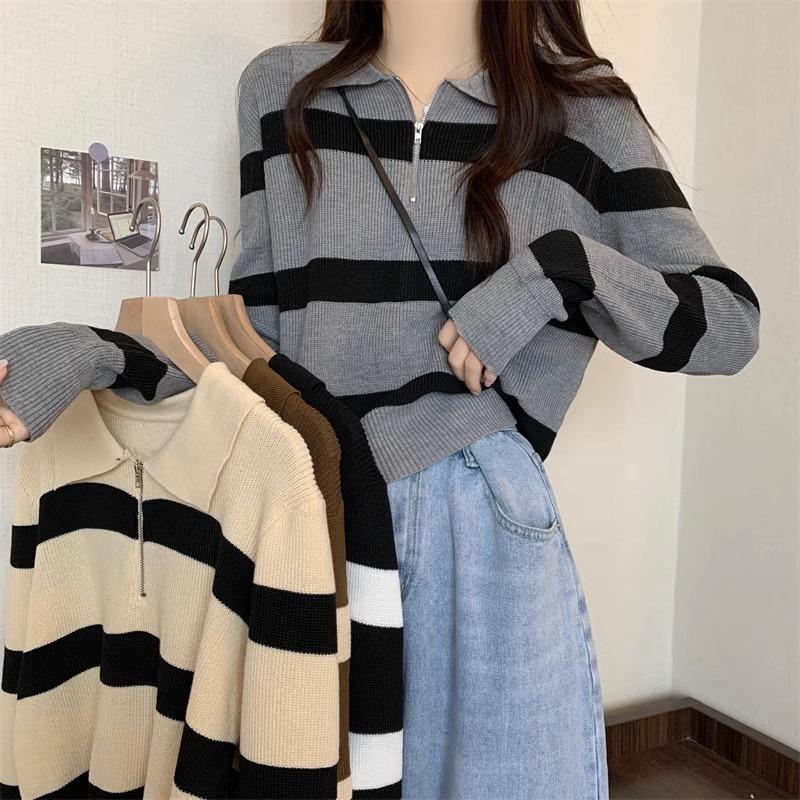 12890784.拉链毛衣打底衫内搭条纹女秋冬长袖上衣毛衣冬季