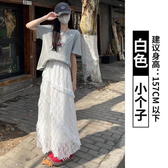 12889970.复古拼接斜纹蕾丝半身裙女夏季白色松紧腰显瘦网纱a字长裙蛋糕裙