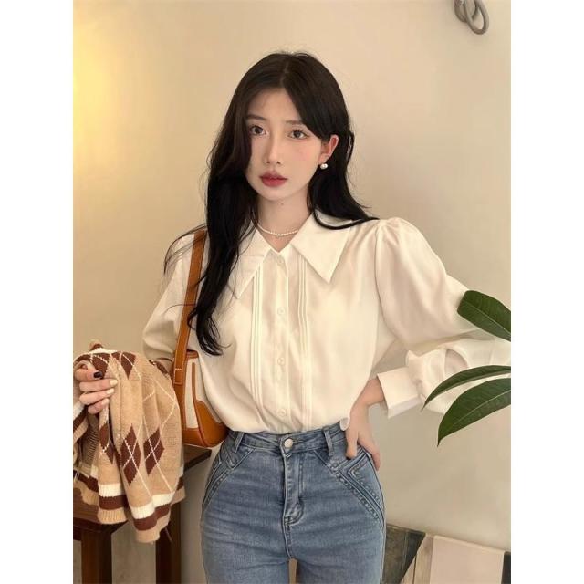12889940.法式复古白色Polo领长袖衬衫女小众百搭气质设计感衬衫
