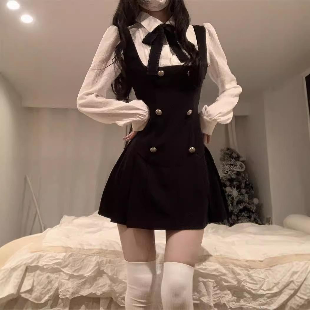 12891472.法式假两件衬衫连衣裙子女装秋冬季学院风收腰显瘦短裙